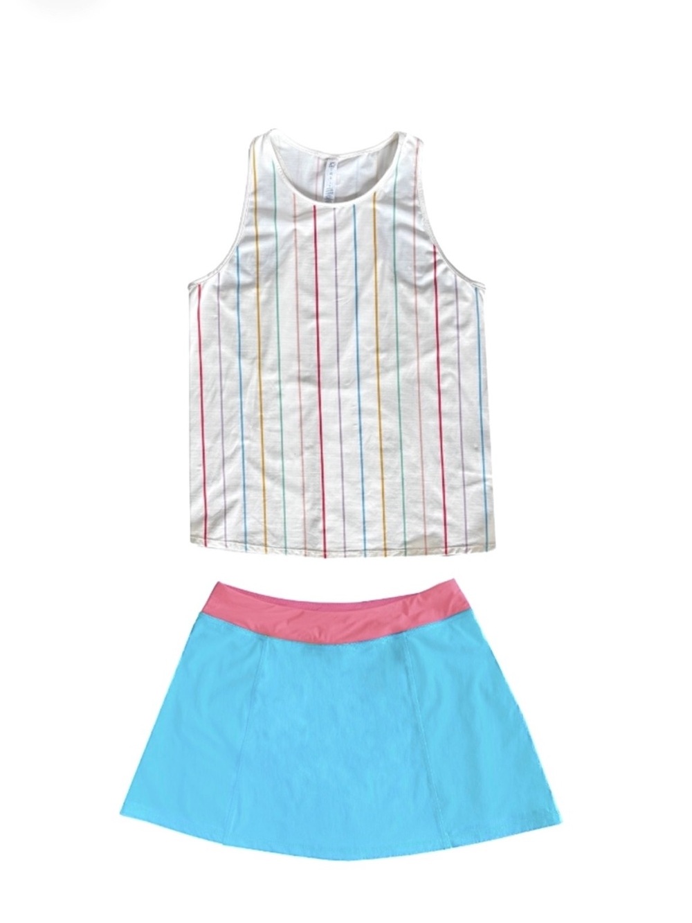 Fila Women’s ivory Rainbow-Stripe Tank Top and Aqua Skort Set Size Medium